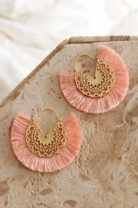 Drop Earrings with Etched Designs -Bali Gold Filigree Fringing Earrings Pink