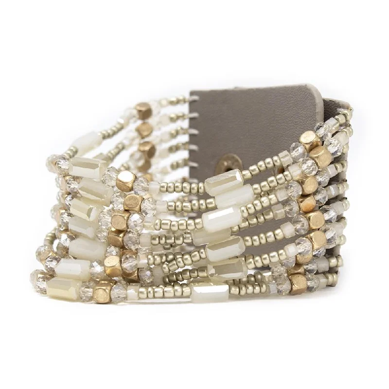 Bangles with chunky designs for statement wear -Leather Bracelet Ten Beaded Strings Beige Gold