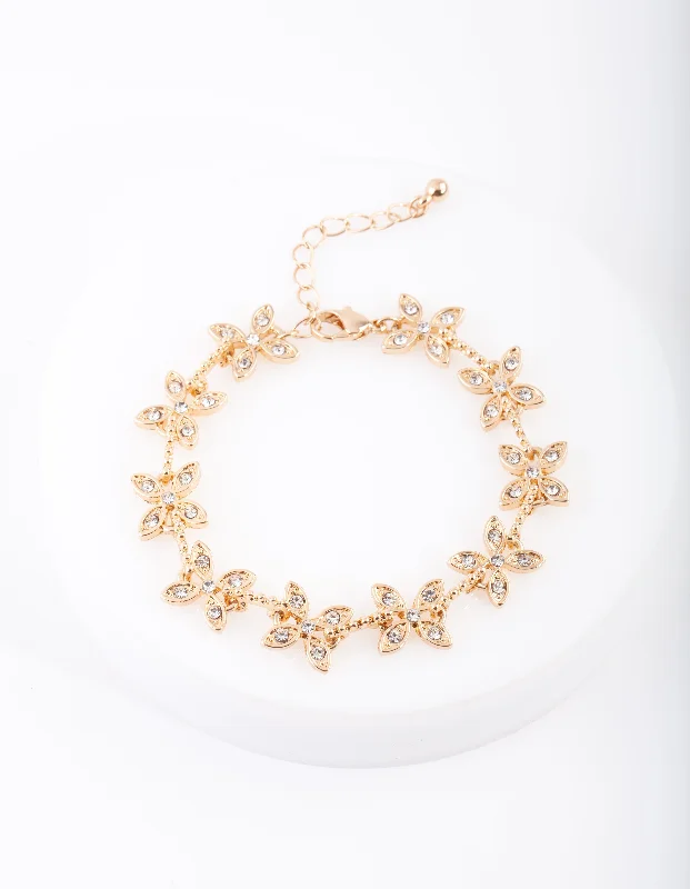 Bracelets with sleek topaz for icy shine -Gold Diamante Flower Bracelet