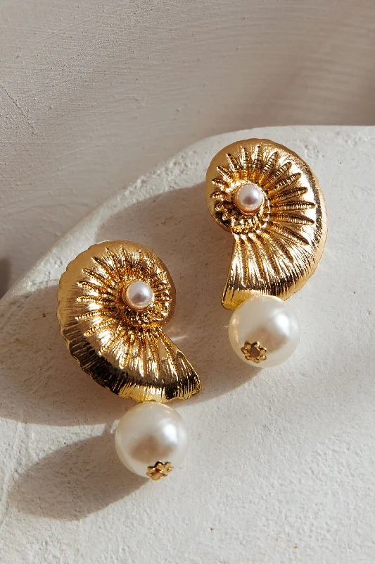 Drop Earrings with Abstract Designs -Memoir Shell and Pearl Earrings Gold