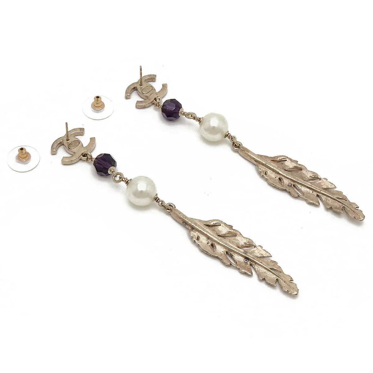 Drop Earrings for Wellness Routine -Chanel Feather Pearl Swing Earrings Gold