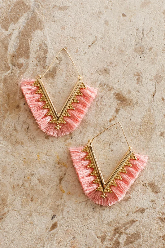 Clip On Drop Earrings for Non Pierced -Sheba Gold Fringe Earrings Pink