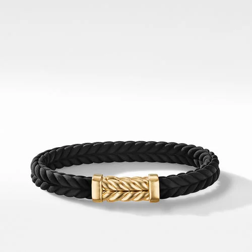 Bangles with pave-set diamonds for dazzle -Chevron Black Rubber Link Bracelet with 18K Yellow Gold, Size Small