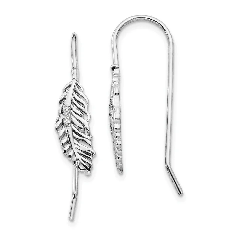 Drop Earrings for Office Wear -925 Sterling Silver Diamond Feather Dangle Earrings (L-29 mm, W-7 mm)