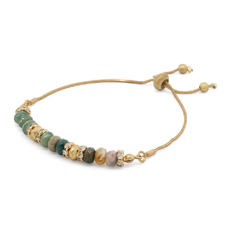 Bangles with sleek opal for iridescent charm -Green Semi Precious Stone Adjustable Bracelet Gold Tone