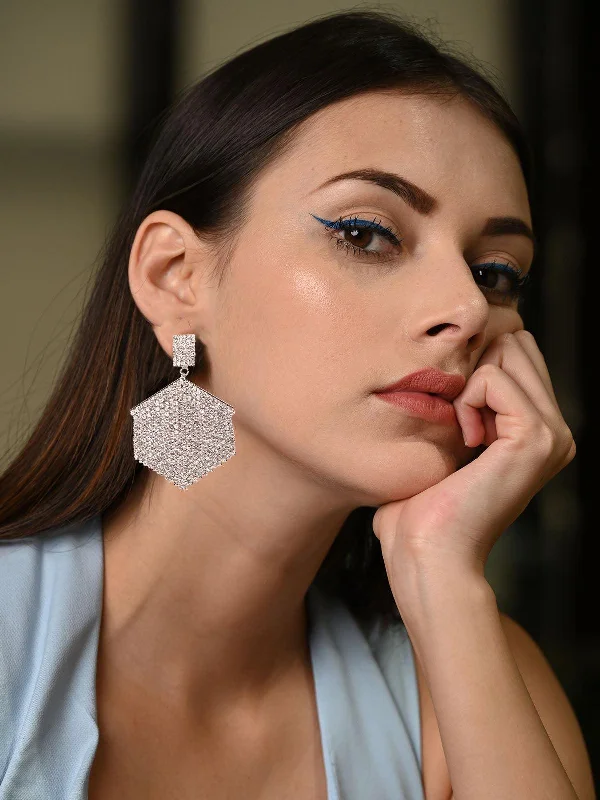 Push Back Drop Earrings for Convenience -Odette Women Silver Rhinestones Earrings