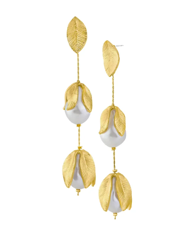 Drop Earrings with Symbolic Elements -Leaf & Faux Pearl Drop Earrings