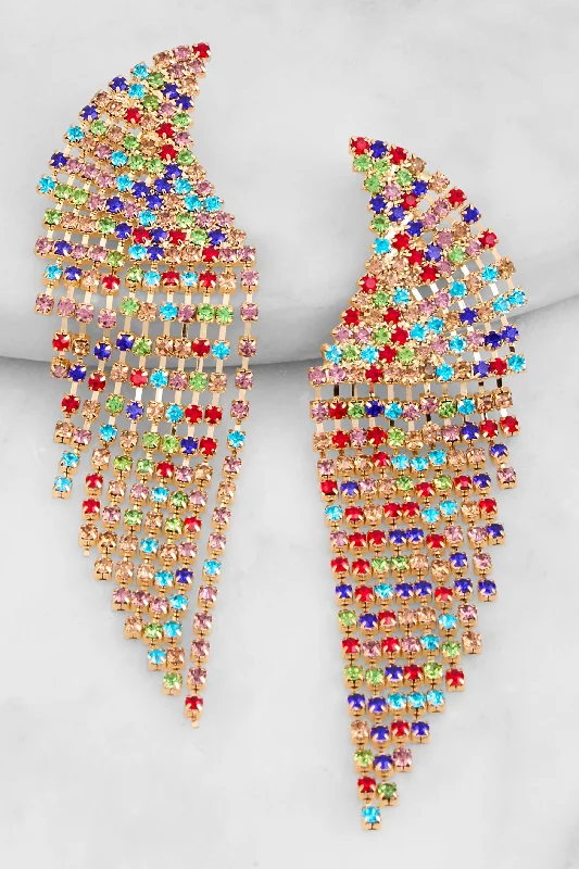 Large Drop Earrings for Statement -Curved Rhinestone Fringe Drop Earrings