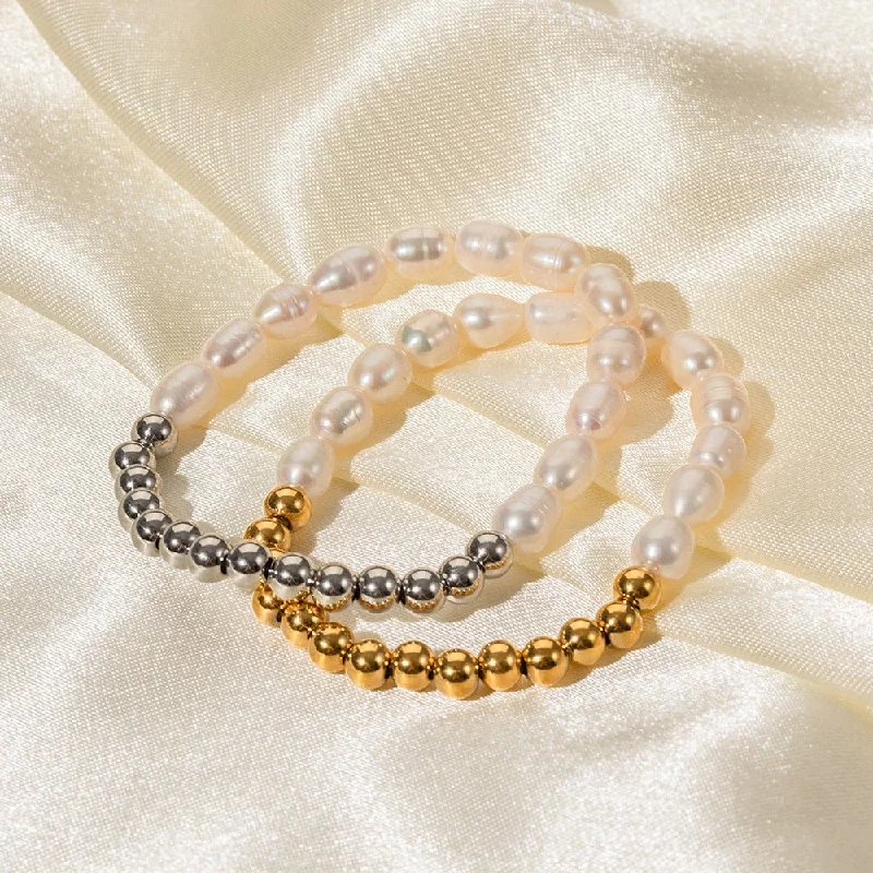 Bangles with tiger eye bands for warmth -Ins Style Stainless Steel Freshwater Pearl Ball Beads Beaded Bracelet