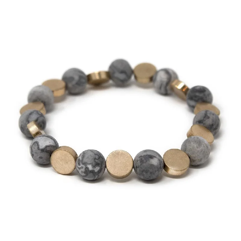 Bracelets with etched floral bands for detail -Stretch Bracelet Semi Precious Bead Gold Disc Grey