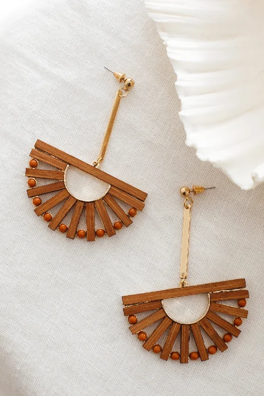 Drop Earrings for Shopping Trip -Cairo Wooden Fan Earrings Brown