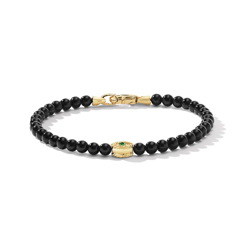 Bangles with rainbow moonstone for color play -Spiritual Beads Evil Eye Bracelet with Black Onyx and 14K Yellow Gold, Size Medium