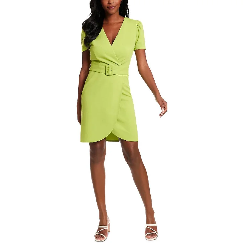 Zippered Dresses for Convenience -London Times Womens Petites Surplice Puff Sleeve Mini Dress