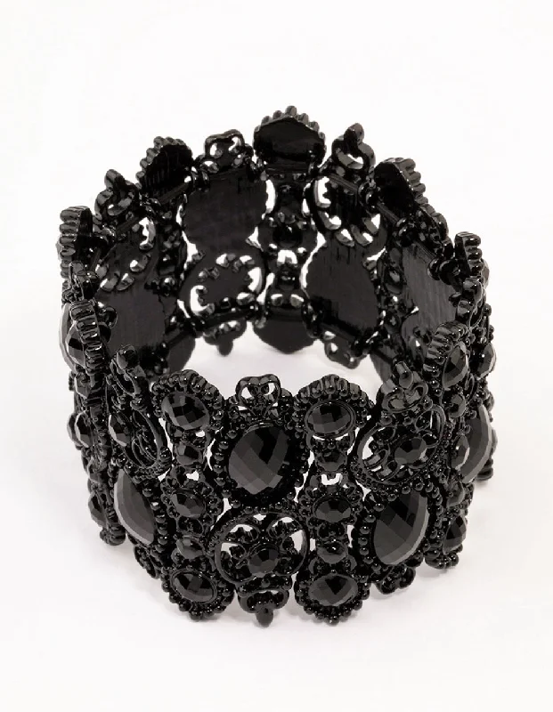 Bangles with sleek matte finish for subtlety -Black Lace Pattern & Diamante Stretch Bracelet