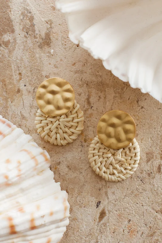 Drop Earrings with Hammered Finish -Nairobi Woven Rattan Earrings Gold