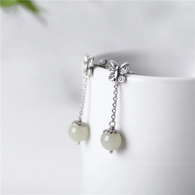 Drop Earrings for Party Look -Sterling Silver Dangle Earrings with Hetian Jade Handmade Jewelry Accessories Gift for Women