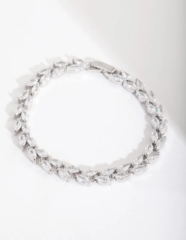 Bangles with oxidized gold for antique look -Rhodium Diamond Simulant Petal Row Tennis Bracelet