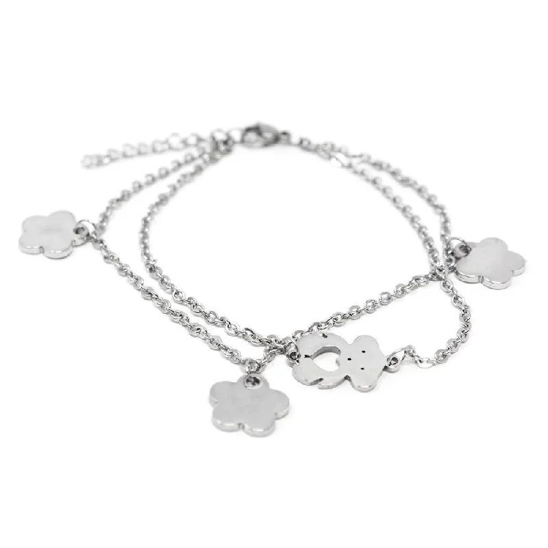 Bangles with vintage oxidized silver for charm -Stainless Steel CZ Flower Charms and Bear Bracelet