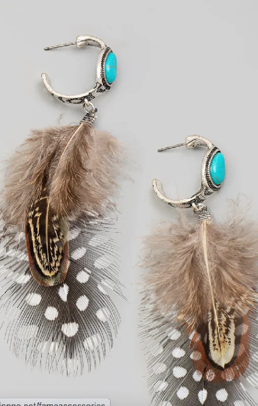 Screw Back Drop Earrings for Security -Hoop Feather Drop Earrings