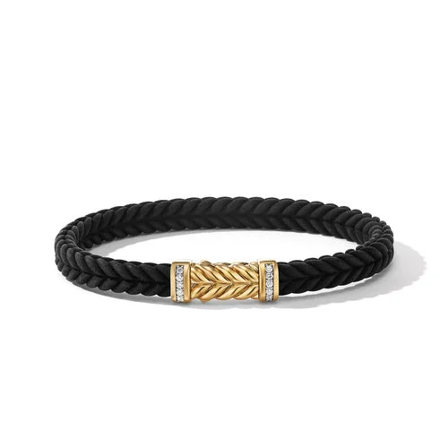 Bangles with sleek black agate for edge -Chevron Black Rubber Bracelet with 18K Yellow Gold and Pavé Diamonds