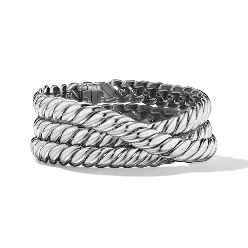 Bangles with engraved floral patterns for elegance -Sculpted Cable Triple Wrap Bracelet in Sterling Silver