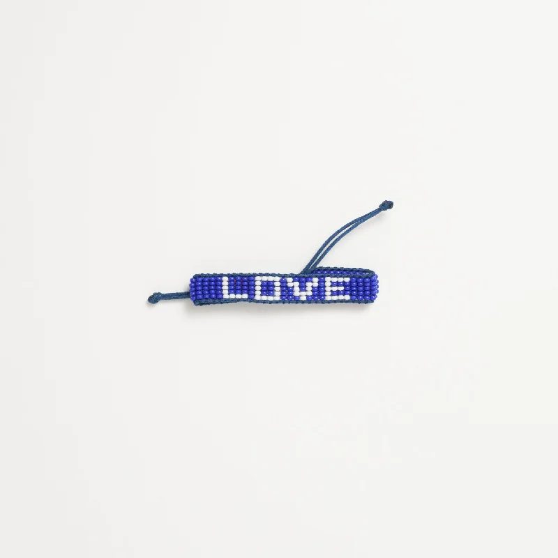 Bracelets with knot accents for symbolic charm -FINAL SALE: Kids Woven LOVE Bracelet - Blue/White