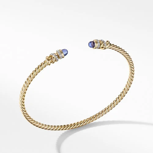 Bangles with sleek black agate for edge -Petite Helena Open Bracelet in 18K Yellow Gold with Tanzanite and Pavé Diamonds