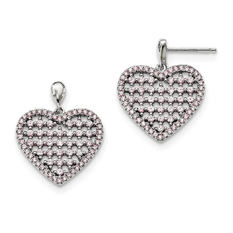 Drop Earrings for Yoga Session -925 Sterling Silver Pink CZ and Brilliant Embers Heart Dangle Earrings