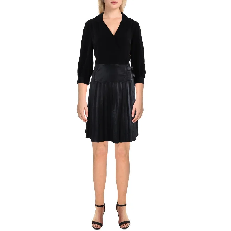 Elastic Dresses for Fit -Karl Lagerfeld Paris Womens Faux Leather Shutter Pleat Mini Dress