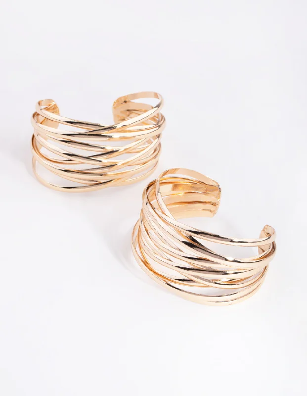 Bracelets with wave engravings for ocean vibes -Gold Crossover Double Cuff Bracelet