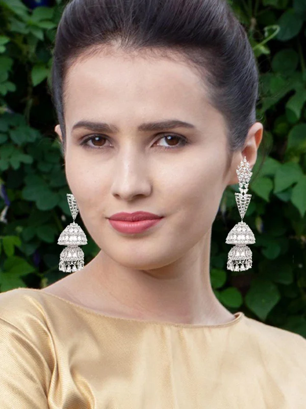 Crystal and Pearl Drop Earrings for Glamour -Odette Women Silver Metal Jhumka Earrings