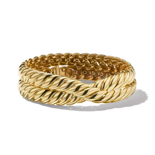 Bracelets with pearl beads for classic beauty -Sculpted Cable Double Wrap Bracelet in 18K Yellow Gold, Size Medium