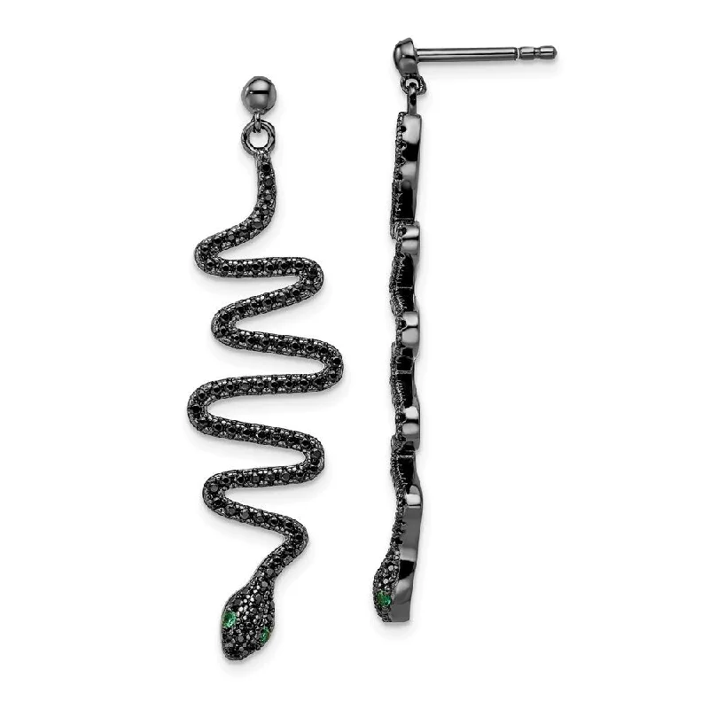 Retro Drop Earrings for Nostalgia -925 Sterling Silver Green Black Spinel Brilliant Embers Snake Dangle Earrings