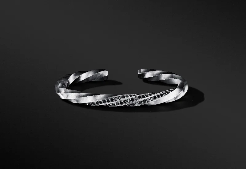 Bangles with topaz gems for icy blue -Sterling Silver Cable Edge Cuff Bracelet with Black Diamonds