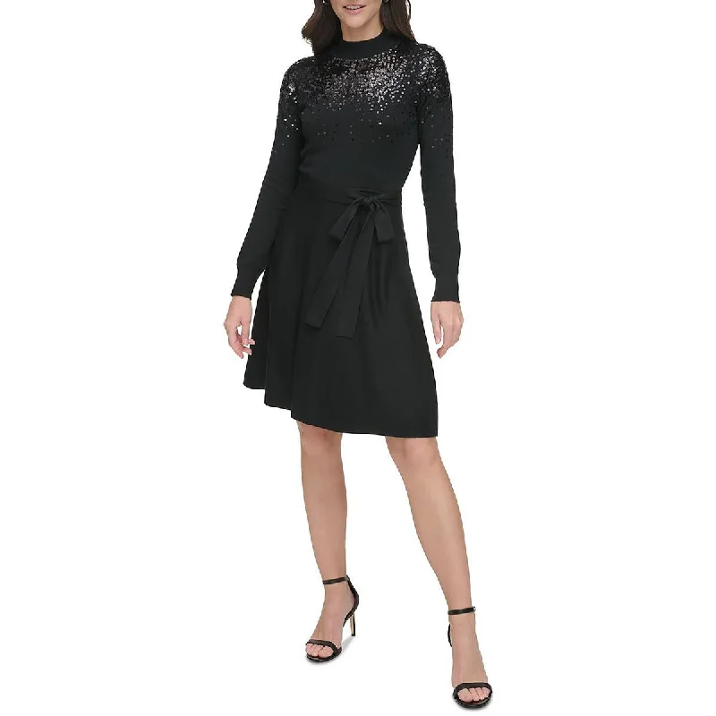 Halter Dresses for Chic Style -Vince Camuto Womens Embellishments Turtleneck Fit & Flare Dress