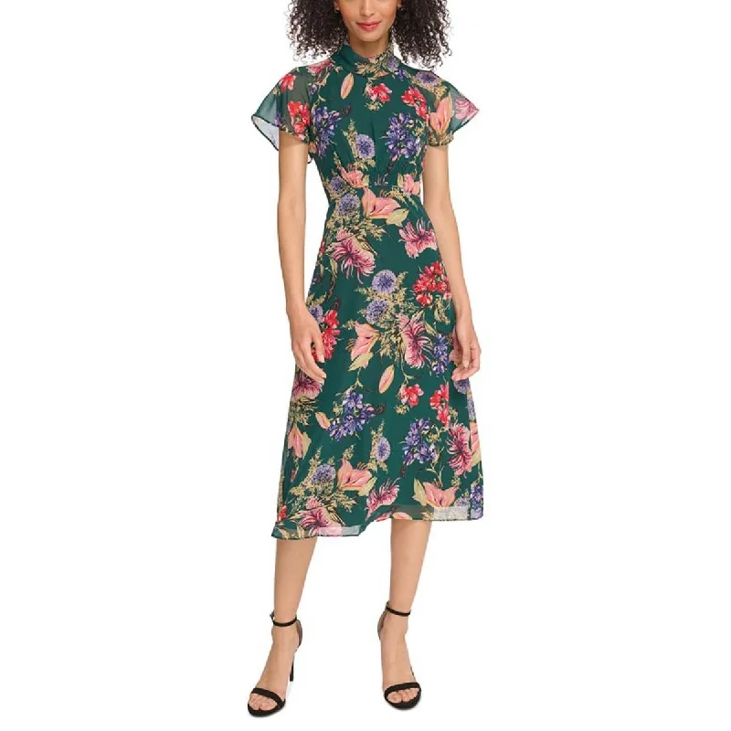 High-waisted Dresses for Flatter -Vince Camuto Womens Floral Print Flutter Sleeve Midi Dress