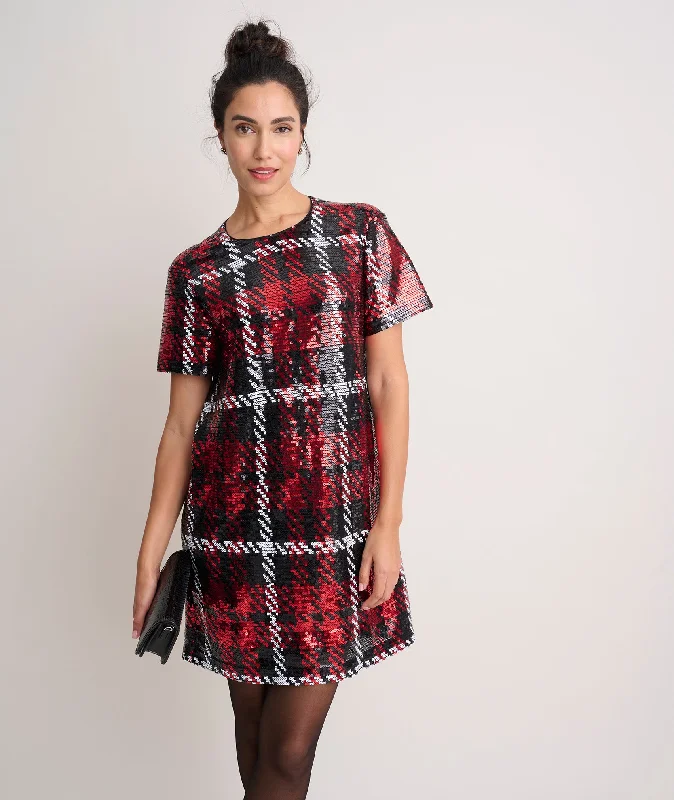 Belted Dresses for Shaping -Short-Sleeve Sequin Plaid Sasha Dress - FINAL SALE