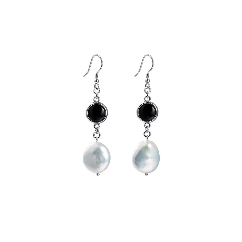 Drop Earrings for Work Attire -Baroque Freshwater Pearl Onyx Drop Earrings in Sterling Silver Jewelry Accessories Women