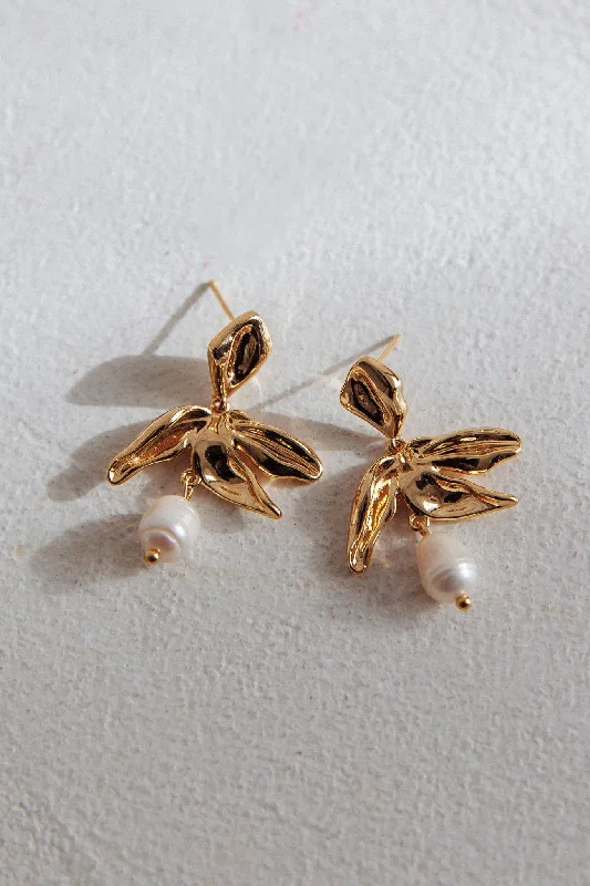 Vintage Drop Earrings with Patina -Lucie Drop Flower And Pearl Earrings Gold