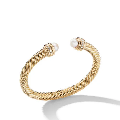 Bracelets with engraved constellations for stargazers -Cable Bracelet in 18K Gold with Pearls and Diamonds, Size Medium