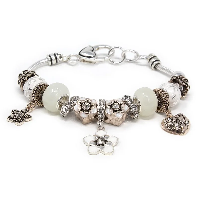 Bracelets with hematite for sleek metallic sheen -Flower Charm Bracelet White