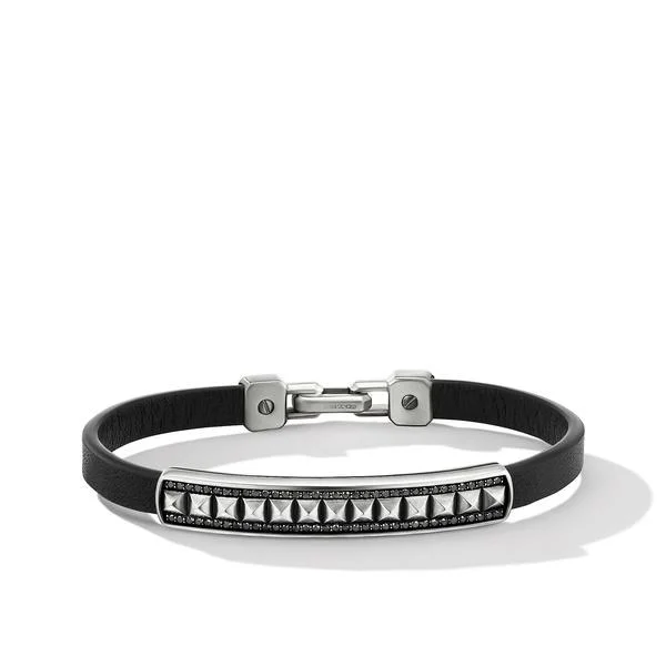 Bangles with interlocking links for uniqueness -Pyramid Black Leather ID Bracelet with Pavé Black Diamonds, Size Medium