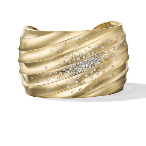 Bracelets with sleek topaz for icy shine -Cable Edge Cuff Bracelet in Recycled 18K Yellow Gold with Pavé Diamonds