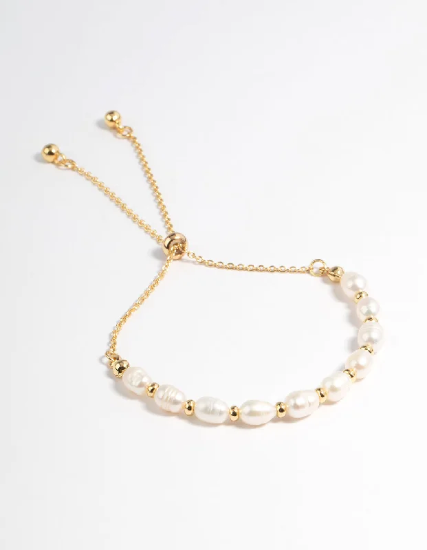 Bangles with raw sapphire for rugged chic -Gold Plated Freshwater Pearl Chain Toggle Bracelet