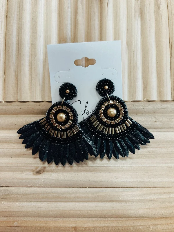 Drop Earrings with Textured Surface -Kenze Black Gold Post Earrings