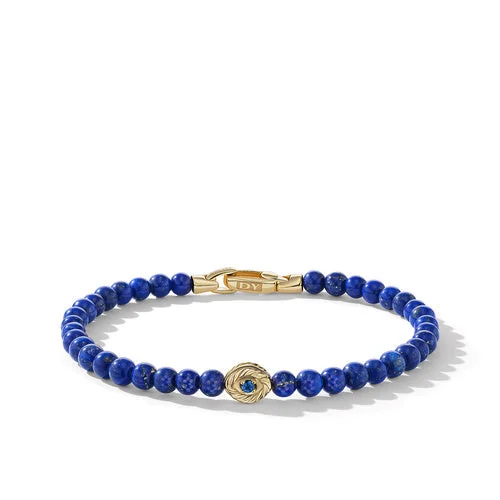 Silver bangles featuring vibrant turquoise stone inlays -Spiritual Beads Evil Eye Bracelet with Lapis and 14K Yellow Gold, Size Medium