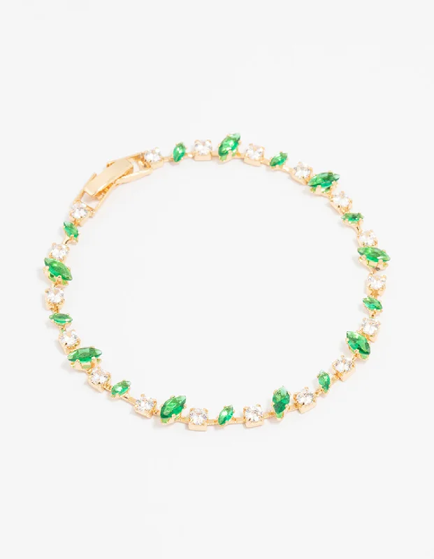 Leather bracelets with adjustable clasp for comfort -Gold Plated Marquise & Round Emerald Tennis Bracelet