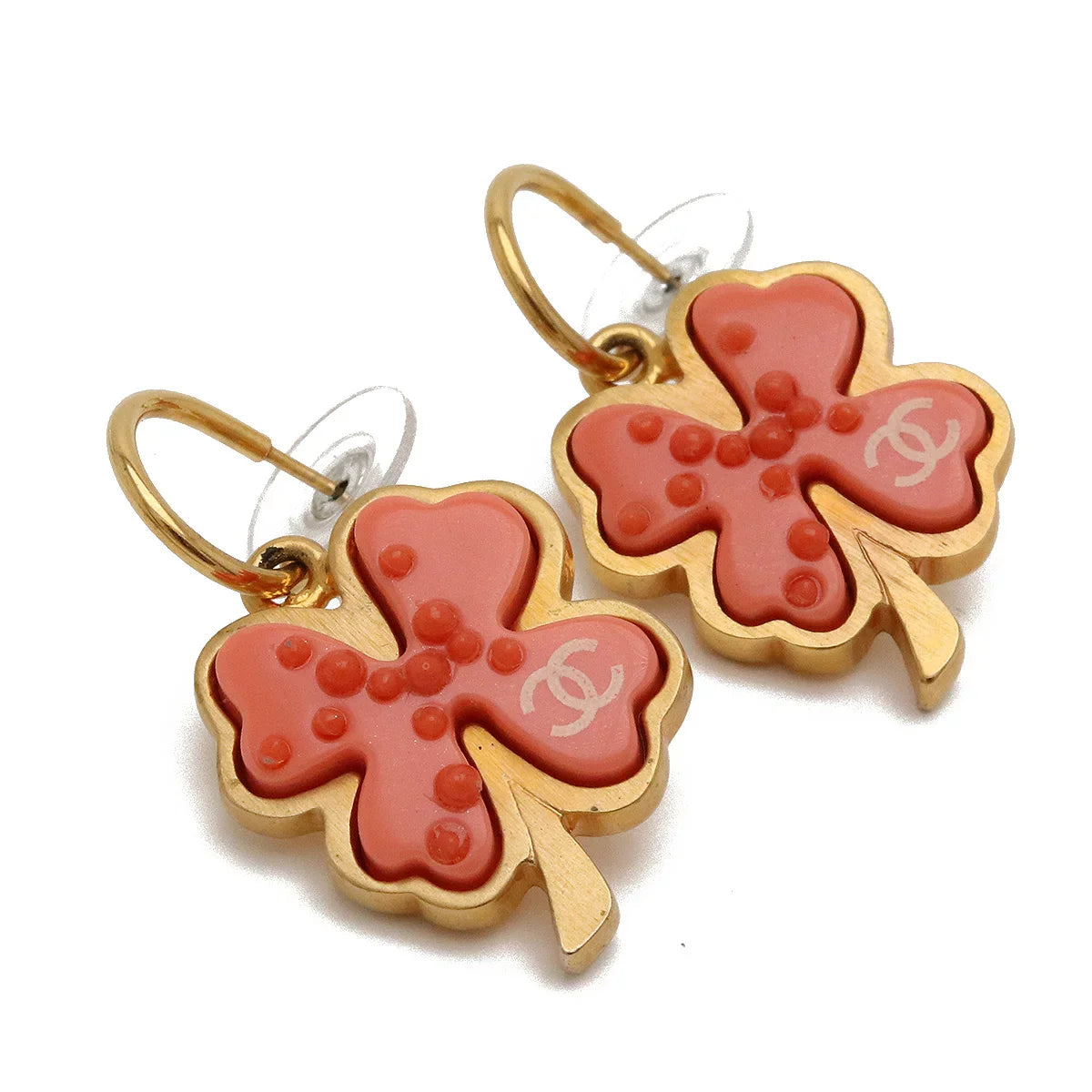 Drop Earrings with Symbolic Elements -Chanel Hoop Swing Earrings Clover Salmon Pink