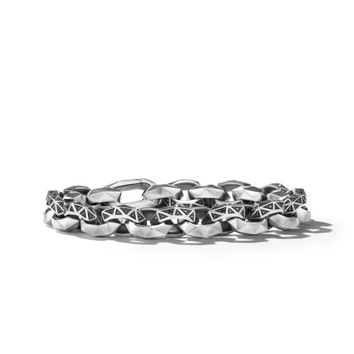 Silver bangles with polished mirror finish shine -Torqued Faceted Link Bracelet in Sterling Silver with Pavé Black Diamonds, Size Medium