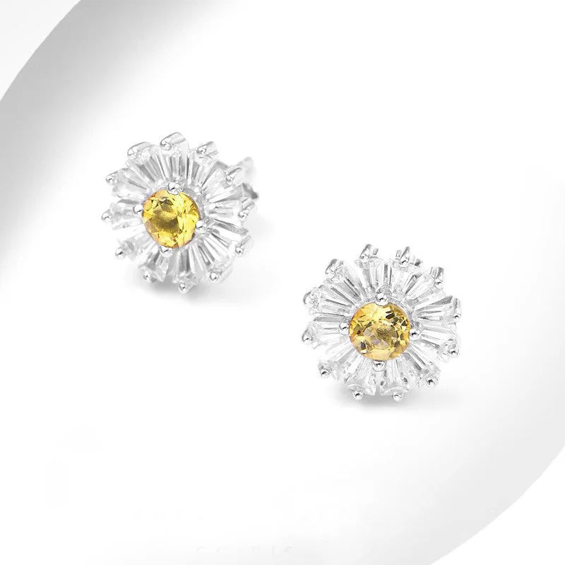 Drop Earrings with Animal Motifs -Chic Womens Daisy Shaped Citrine Stud Silver Earrings For Women